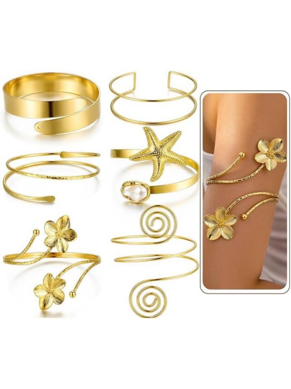Boho Gold Arm Cuff Bracelets Set - 6PCS Adjustable Statement Bangles for Women